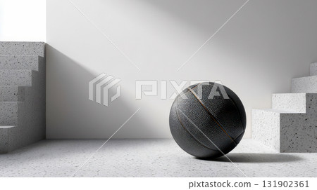 Black basketball against the background of minimalist concrete stairs, modern sports concept Black basketball against the background of minimalist concrete stairs, modern sports concept 131902361