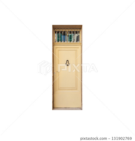 Vintage yellow wooden door isolated on white, front view Vintage yellow wooden door isolated on white, front view 131902769