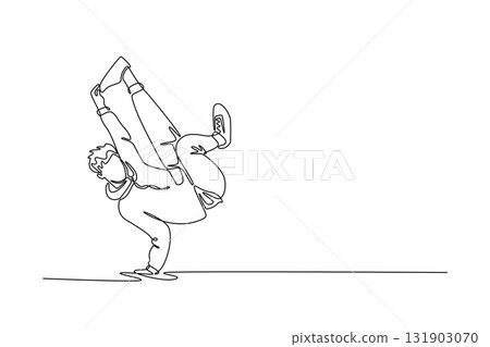 Continuous one line drawing young guy balanced on one hand in inverted freeze with leg bent and raised high, challenging power move in breakdancing. Single line draw design vector graphic illustration 131903070