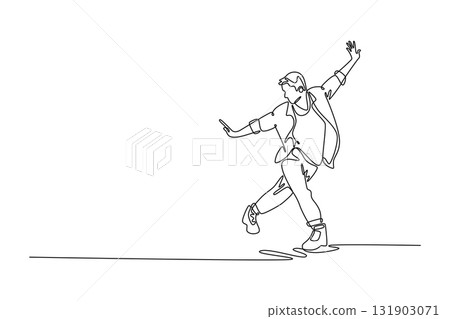 Continuous one line drawing Hip Hop dancer mid-groove, leaning back with arms wide and one foot lifted, illustrating a dynamic and expressive pose. Single line draw design vector graphic illustration 131903071