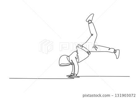 Continuous one line drawing young guy executing challenging freeze, balancing on one hand with their body inverted, leg extended wide of breakdance. Single line draw design vector graphic illustration 131903072