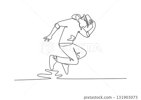 Continuous one line drawing Hip Hop dancer mid-leap, reaching for their hat in dramatic, airborne moment, illustrating dynamic and expressive pose. Single line draw design vector graphic illustration 131903073