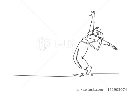 Continuous one line drawing Hip Hop girl dancer mid-groove, leaning far back, balancing on one foot with arms dramatically raised, powerful freeze. Single line draw design vector graphic illustration 131903074