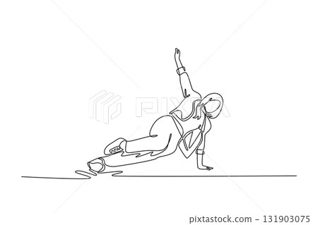 Continuous one line drawing young girl mid-floorwork, balancing on one hand and side their leg, with other arm raised, power move in breakdancing. Single line draw design vector graphic illustration Continuous one line drawing young girl mid-floorwork, balancing on one hand and side their leg, with other arm raised, power move in breakdancing. Single line draw design vector graphic illustration 131903075