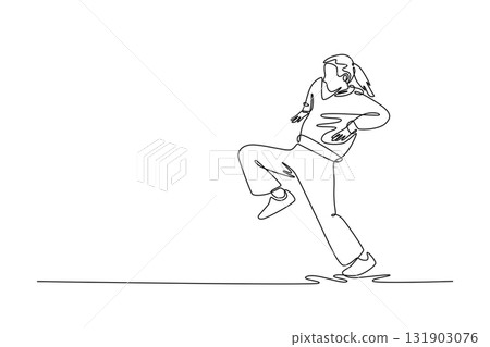 Single continuous line drawing young girl mid-step, balancing on one foot with other leg raised, dynamic, grounded movement typical of Hip Hop dance. One line draw graphic design vector illustration 131903076
