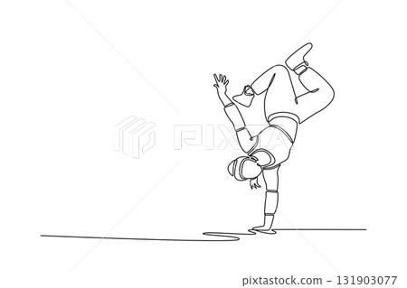 Single continuous line drawing girl mid-move, balanced on one hand and their head, with legs bent, challenging headstand or power move in breakdancing. One line draw graphic design vector illustration 131903077
