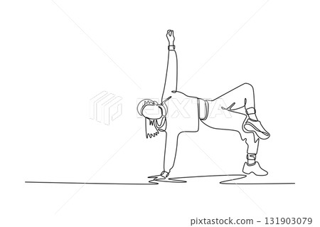 Single continuous line drawing young girl executing a demanding bridge or freeze move, balancing on one arm and one foot with other arm raised. Dynamic one line draw graphic design vector illustration 131903079