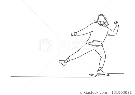 Single one line drawing female dancer mid-step, leaning and extending one leg, the fluid, energetic flow of a hip hop or street dance routine. Continuous line draw design graphic vector illustration Single one line drawing female dancer mid-step, leaning and extending one leg, the fluid, energetic flow of a hip hop or street dance routine. Continuous line draw design graphic vector illustration 131903081