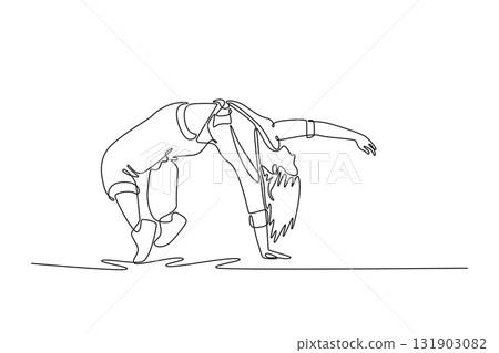 Single continuous line drawing girl dancer executing deep back bridge or backbend freeze, incredible flexibility, body control in dynamic dance pose. One line draw graphic design vector illustration 131903082