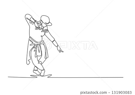 Single continuous line drawing stylish female mid-groove, leaning back with one leg bent. Dynamic, expressive pose typical of Hip Hop or Street Dance. One line draw graphic design vector illustration 131903083