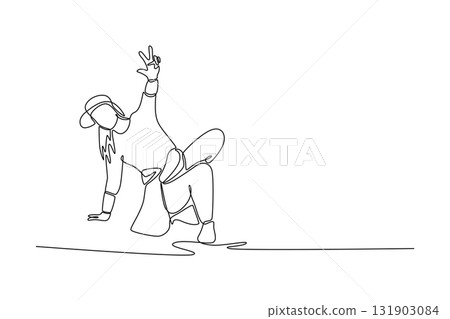 Single continuous line drawing young girl mid-move, balanced on one hand and one foot in freeze or power move, characteristic of Breakdancing. Dynamic one line draw graphic design vector illustration 131903084