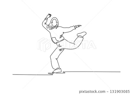 Single continuous line drawing female dancer mid-step, balancing on one foot with the other leg kicked back and arms raised, high-energy Hip Hop pose. One line draw graphic design vector illustration Single continuous line drawing female dancer mid-step, balancing on one foot with the other leg kicked back and arms raised, high-energy Hip Hop pose. One line draw graphic design vector illustration 131903085