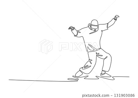 Single one line drawing Hip Hop dancer mid-groove, leaning low with arms extended for balance, expression. Characteristic grounded, fluid style. Continuous line draw design graphic vector illustration 131903086