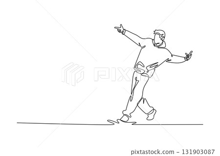 Single one line drawing young male mid-step in a dynamic, sideways pose, pointing with both hands, moment of confident, energetic street dance. Continuous line draw design graphic vector illustration 131903087