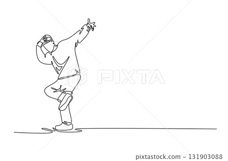 Single one line drawing dancer mid-movement, balancing on one leg with arms extended, dynamic, focused pose typical of hip hop or street dance. Continuous line draw design graphic vector illustration Single one line drawing dancer mid-movement, balancing on one leg with arms extended, dynamic, focused pose typical of hip hop or street dance. Continuous line draw design graphic vector illustration 131903088