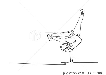 Single one line drawing person executing demanding one-handed handstand or freeze move, with one leg extended vertically. Strength and balance. Continuous line draw design graphic vector illustration 131903089