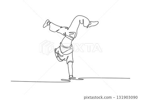 Single one line drawing attractive guy executing demanding, one-handed breakdance freeze, showcasing incredible upper body strength and balance. Continuous line draw design graphic vector illustration 131903090