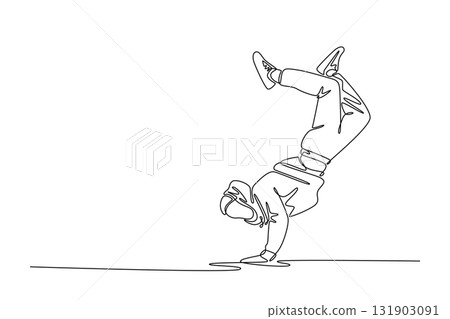 Single one line drawing attractive guy executing demanding one-handed handstand, or freeze power move, fundamental part of breakdancing. Modern continuous line draw design graphic vector illustration 131903091