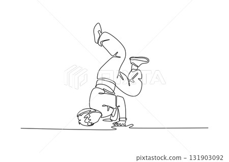Continuous one line drawing male breakdancer mid-power move, balanced on their head and hands with the legs tucked, illustrating challenging freeze. Single line draw design vector graphic illustration 131903092