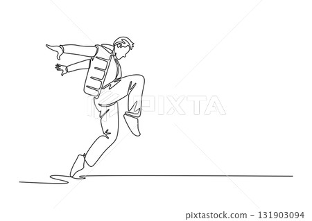 Continuous one line drawing attractive guy mid-jump or leap, with one knee tucked high and arm outstretched, dynamic and energetic Hip Hop movement. Single line draw design vector graphic illustration 131903094