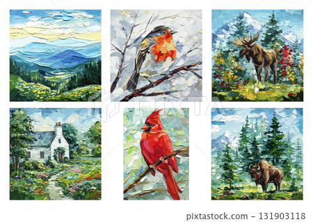 Wildlife and landscape oil painting set impasto textured artwork with birds animals cottage mountains forest nature scenes 131903118