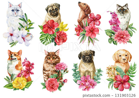 Watercolor Cats and Dogs with Tropical Flowers Set. Cute Pet Portraits with Hibiscus, Orchid, Rose and Leaves Illustration 131903126
