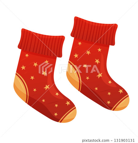 Two red Christmas socks with yellow stars and cuffs, festive clothing and holiday decoration Two red Christmas socks with yellow stars and cuffs, festive clothing and holiday decoration 131903131