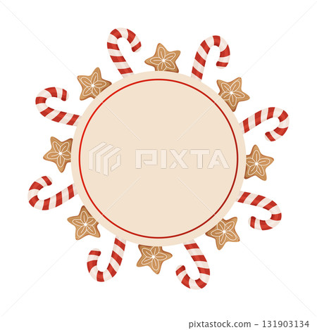 Round beige Christmas frame decorated with striped candy canes and gingerbread cookies, festive holiday Round beige Christmas frame decorated with striped candy canes and gingerbread cookies, festive holiday 131903134