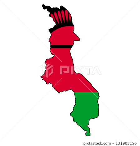 Malawi Map with National Flag Colors and Rising Sun Emblem 131903150