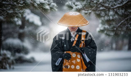 Portrait of a Komuso monk with a shakuhachi in the snow 131903233
