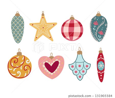 cute hand drawn christmas ball decoration set, festive ornaments and holiday baubles cute hand drawn christmas ball decoration set, festive ornaments and holiday baubles 131903384