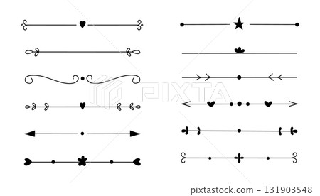 Hand-drawn decorative text dividers with hearts, stars, arrows, and swirly ornaments, perfect for invitations, greeting cards, posters, and romantic design projects. 131903548