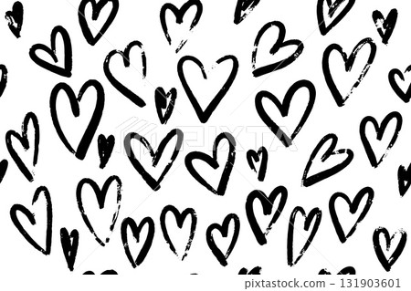 Abstract seamless heart pattern in grunge style, hand drawn black ink vector illustration in black and white. Perfect for textiles, packaging, and decorative design projects. 131903601