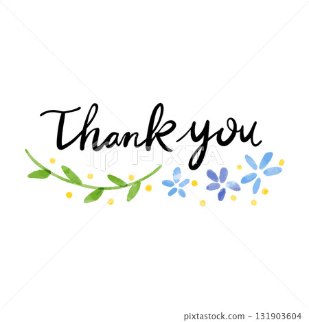 謝謝手寫文字藍色花朵和綠線水彩向量插圖 131903604