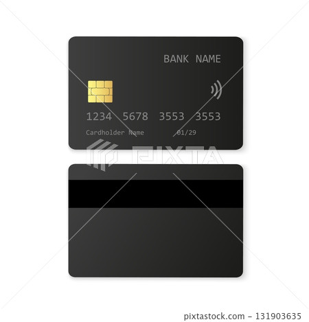 Realistic black bank card mockup showing front and back sides. Perfect for finance, payment systems, online banking, fintech apps, and branding design. 131903635