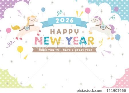 2026年馬年 - 可愛的白馬新年賀卡模板 2026年馬年 - 可愛的白馬新年賀卡模板 131903666