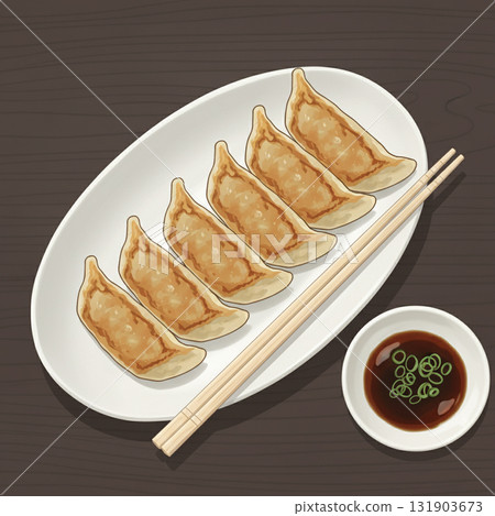 AI插圖（盤子裡的煎餃、醬汁和筷子） 131903673