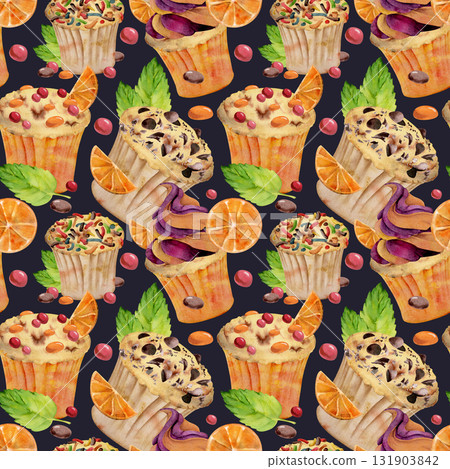 Watercolor seamless pattern. Cupcake with orange and mint leaf garnish. Cocoa coated bonbons, beans and chips on top of baked muffin. Isolated on dark. Party sets, food label design, product branding. Watercolor seamless pattern. Cupcake with orange and mint leaf garnish. Cocoa coated bonbons, beans and chips on top of baked muffin. Isolated on dark. Party sets, food label design, product branding. 131903842