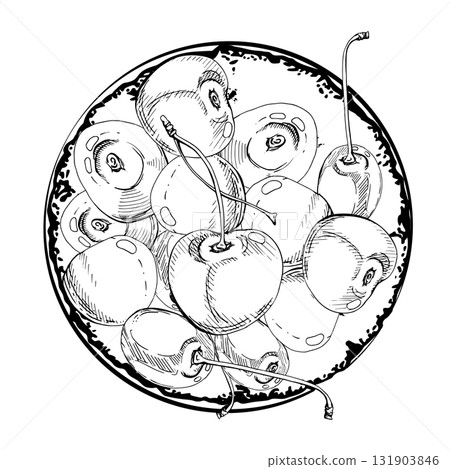 Sweet sour line cherry berries on ceramic plate, hand drawn vector ink, scattered ripe cerise drupes. Isolated composition illustration. For restaurant, cafe dessert menu, wedding, farmers market 131903846