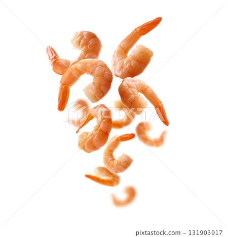 Boiled prawns levitate on a white background 131903917