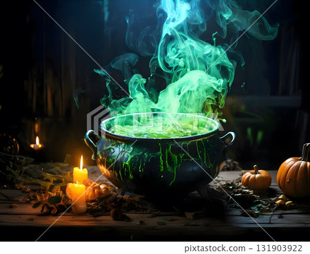 Bubbling Green Potion in a Witch Cauldron 131903922