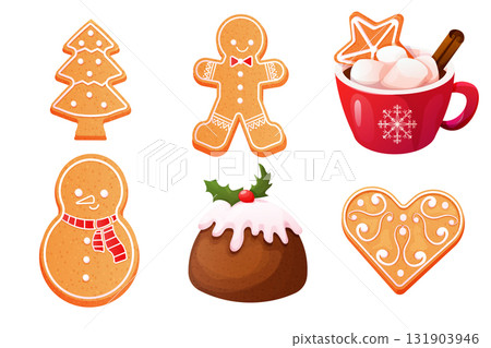 Gingerbread set cute snowman, man, mug with hot beverage, house and tree with icing decoration, seasonal dessert, cookies isolated on white background. Gingerbread set cute snowman, man, mug with hot beverage, house and tree with icing decoration, seasonal dessert, cookies isolated on white background. 131903946