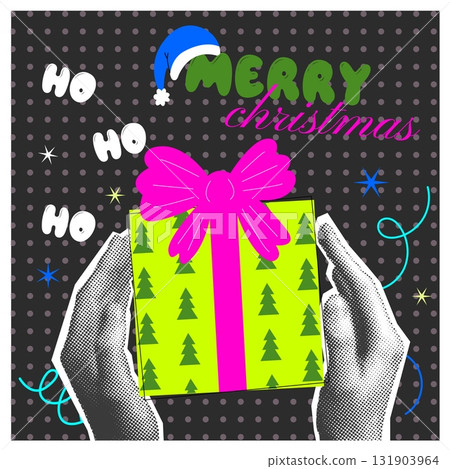 Modern colorful Merry Christmas card design. Square post card with hands holding gift box, present Modern colorful Merry Christmas card design. Square post card with hands holding gift box, present 131903964
