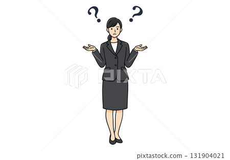 一位女商人聳聳肩，做出「我不知道」的姿勢（全身，簡單的顏色） 131904021