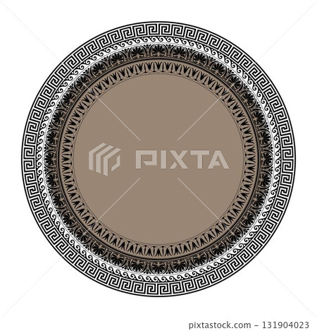 Round gold black frame with greek patterns on white background. Circle porcelain plate with arabesque, floral meander. Greek key. Pattern of Greece, ancient Rome. For textile, embroidery, porcelain 131904023