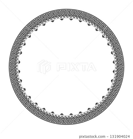 Greek round frame. Round ornament porcelain plate with. Greek meander. Round antique greek border. Patterns of Greece and ancient Rome. Typical egyptian, assyrian,chinesi, greek motives Greek round frame. Round ornament porcelain plate with. Greek meander. Round antique greek border. Patterns of Greece and ancient Rome. Typical egyptian, assyrian,chinesi, greek motives 131904024