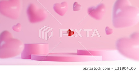 Pink showroom with podium and flying hearts 131904100