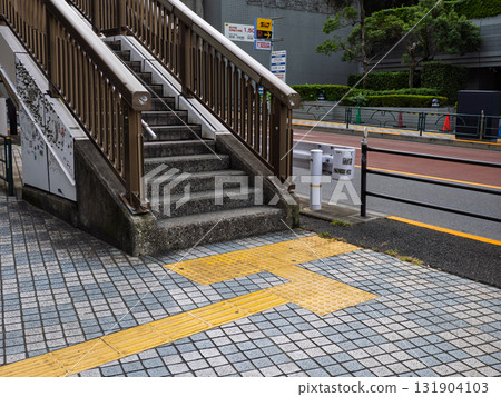 Example of braille blocks installed just before the stairs of a footbridge Example of braille blocks installed just before the stairs of a footbridge 131904103