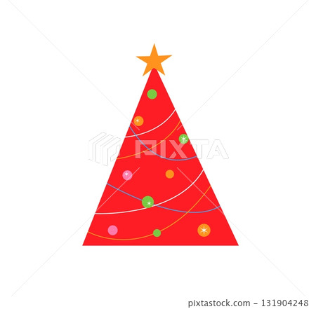 Christmas tree with star. Red fir for modern xmas holiday, adorned with bauble, ornament, colorful 131904248