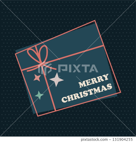 Merry Christmas post card design with festive New Year gift box, surprise on square black dark 131904255